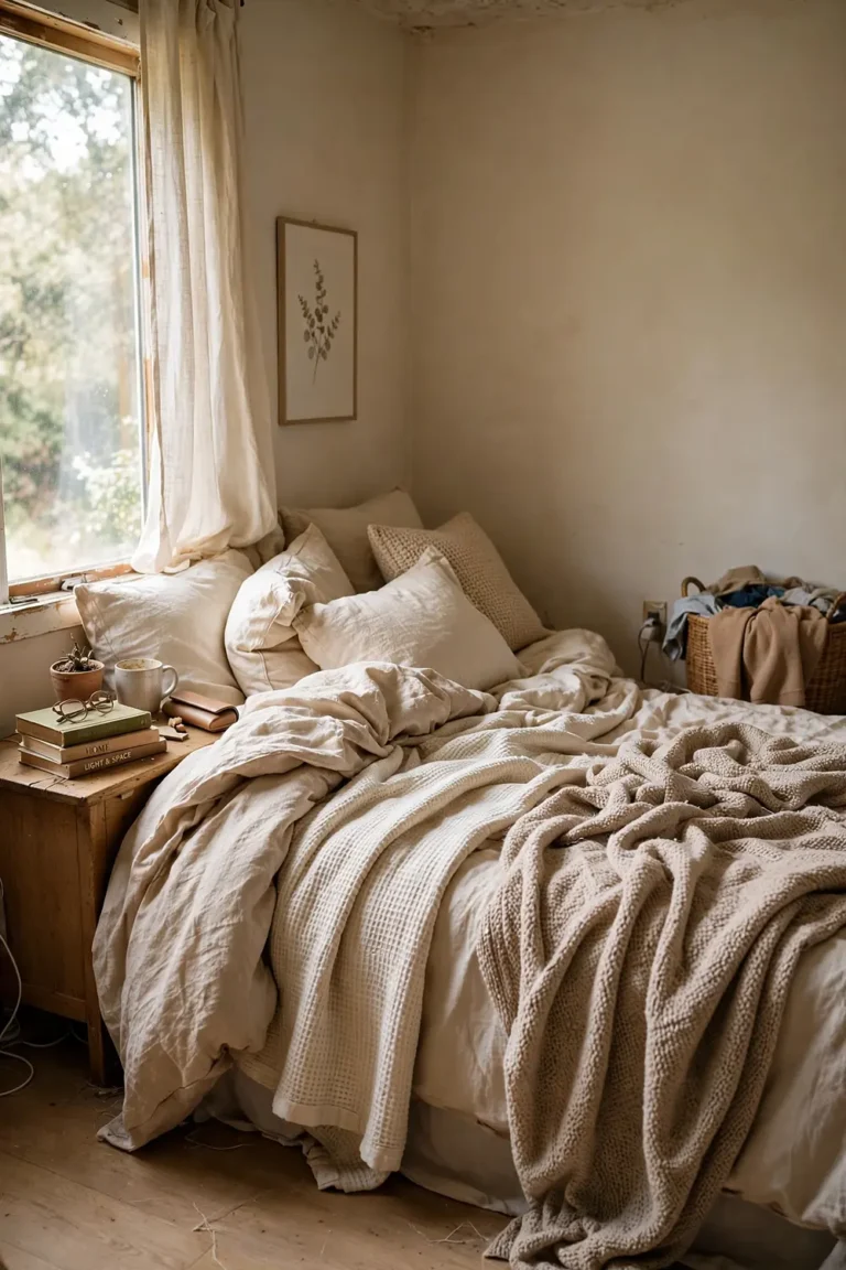 Warm neutral master bedroom with layered beige and cream bedding, a knitted throw, and soft window light