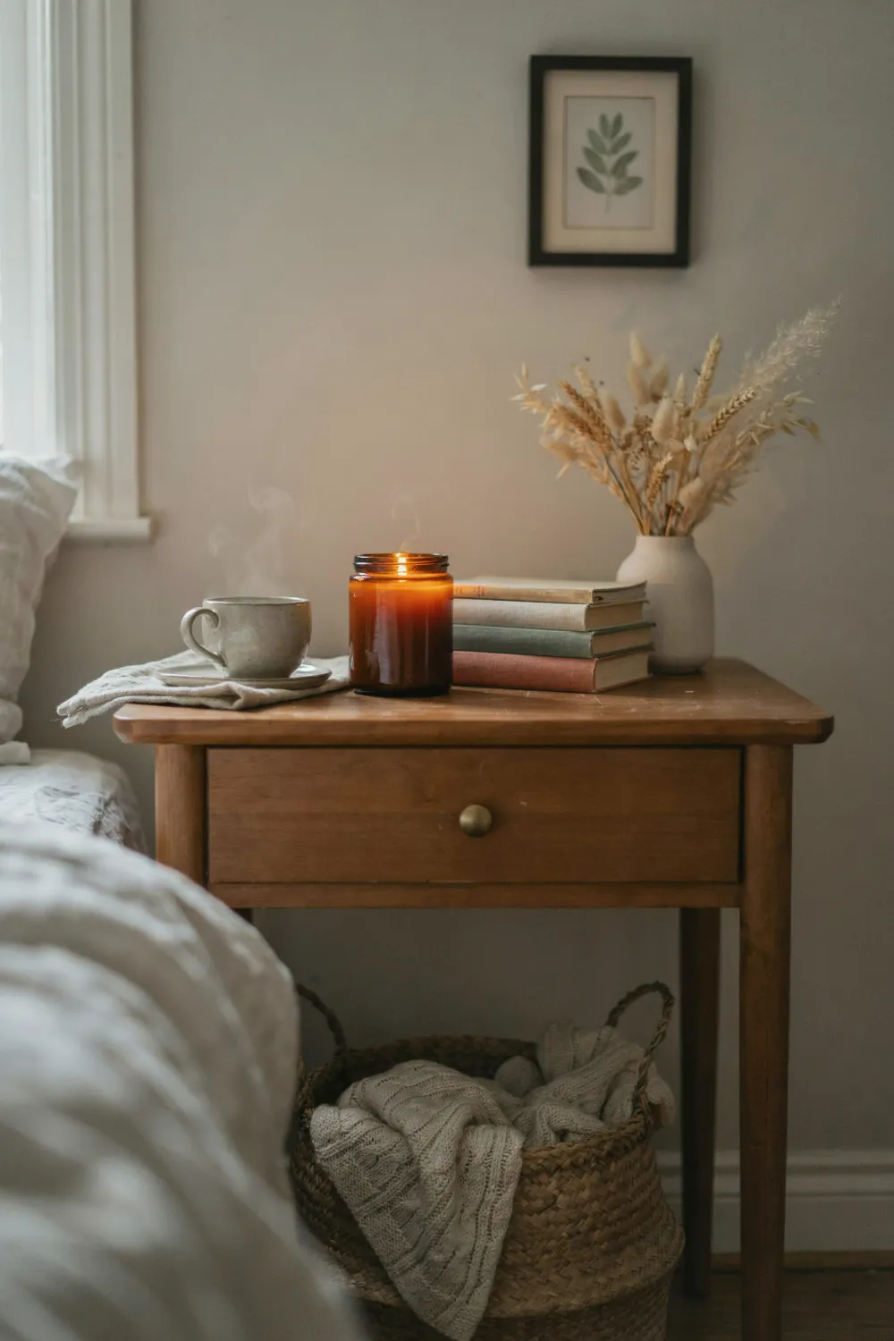 Styled wooden nightstand with a candle, books and dried flowers
