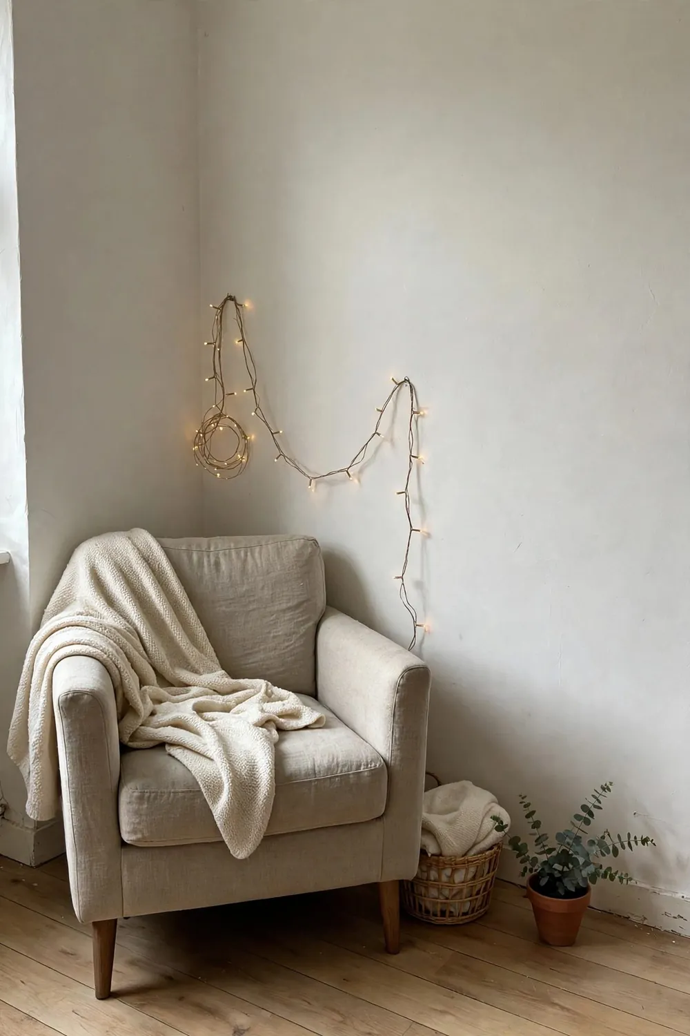 Cozy reading nook with fairy lights: favor Quiet and a Wall to Lean the Light On