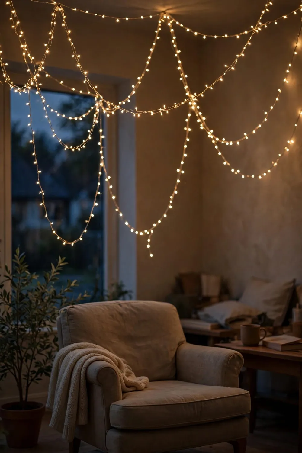 Cozy reading nook with fairy lights: drape Them in Swags, Never Straight Lines