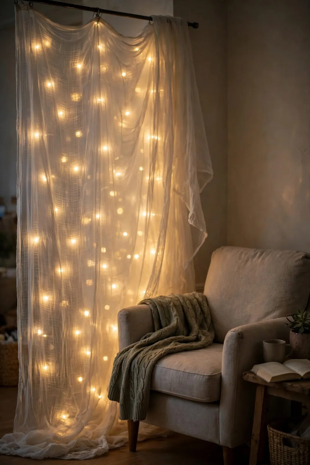 Cozy reading nook with fairy lights: layer Them Behind Something Sheer