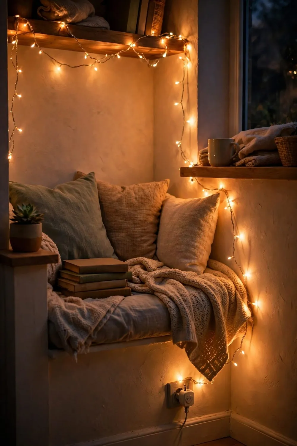 Cozy reading nook with fairy lights: choose Warm White, Always — and Put Them on a Timer