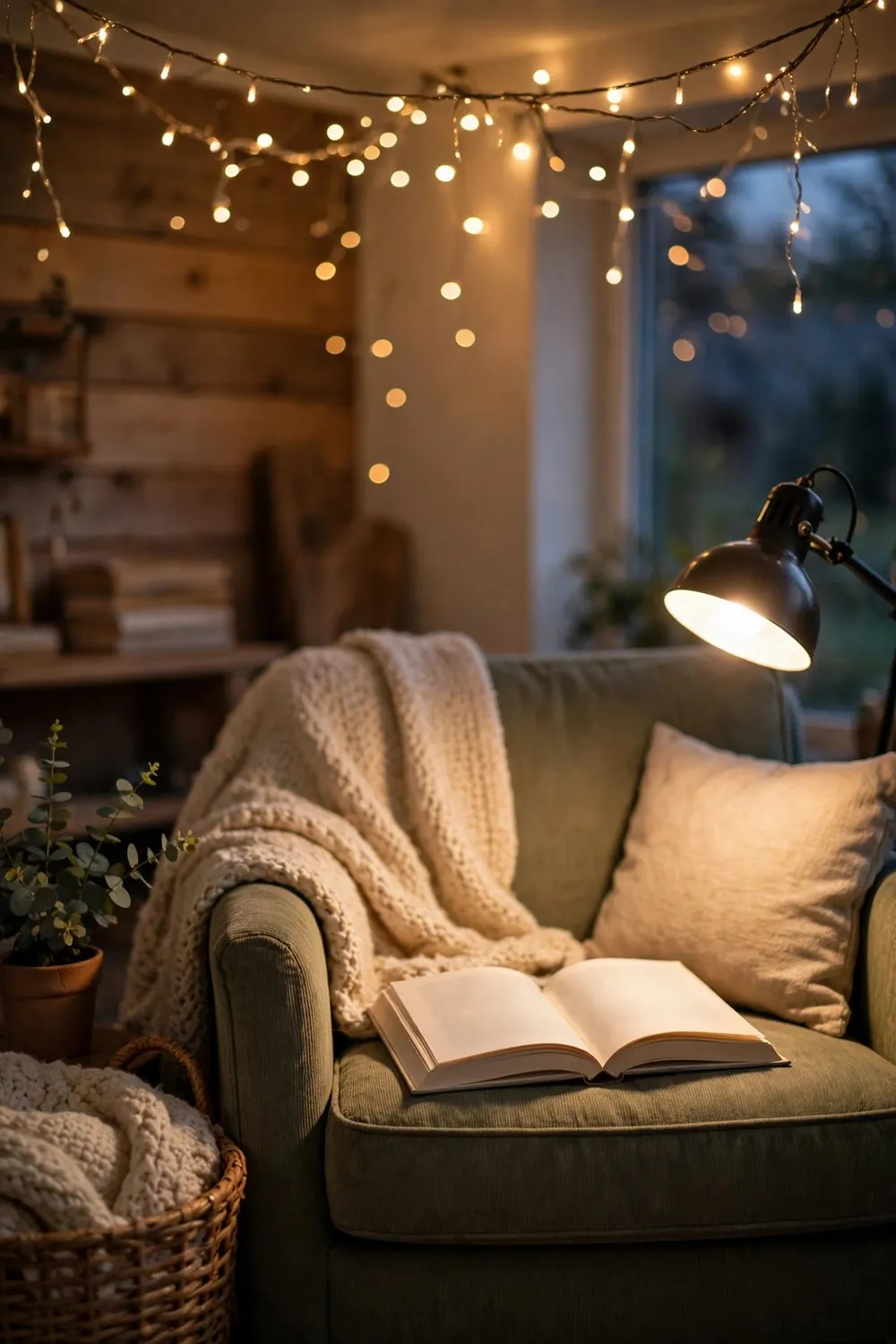Cozy reading nook with fairy lights: pair the Glow With a Real Reading Light
