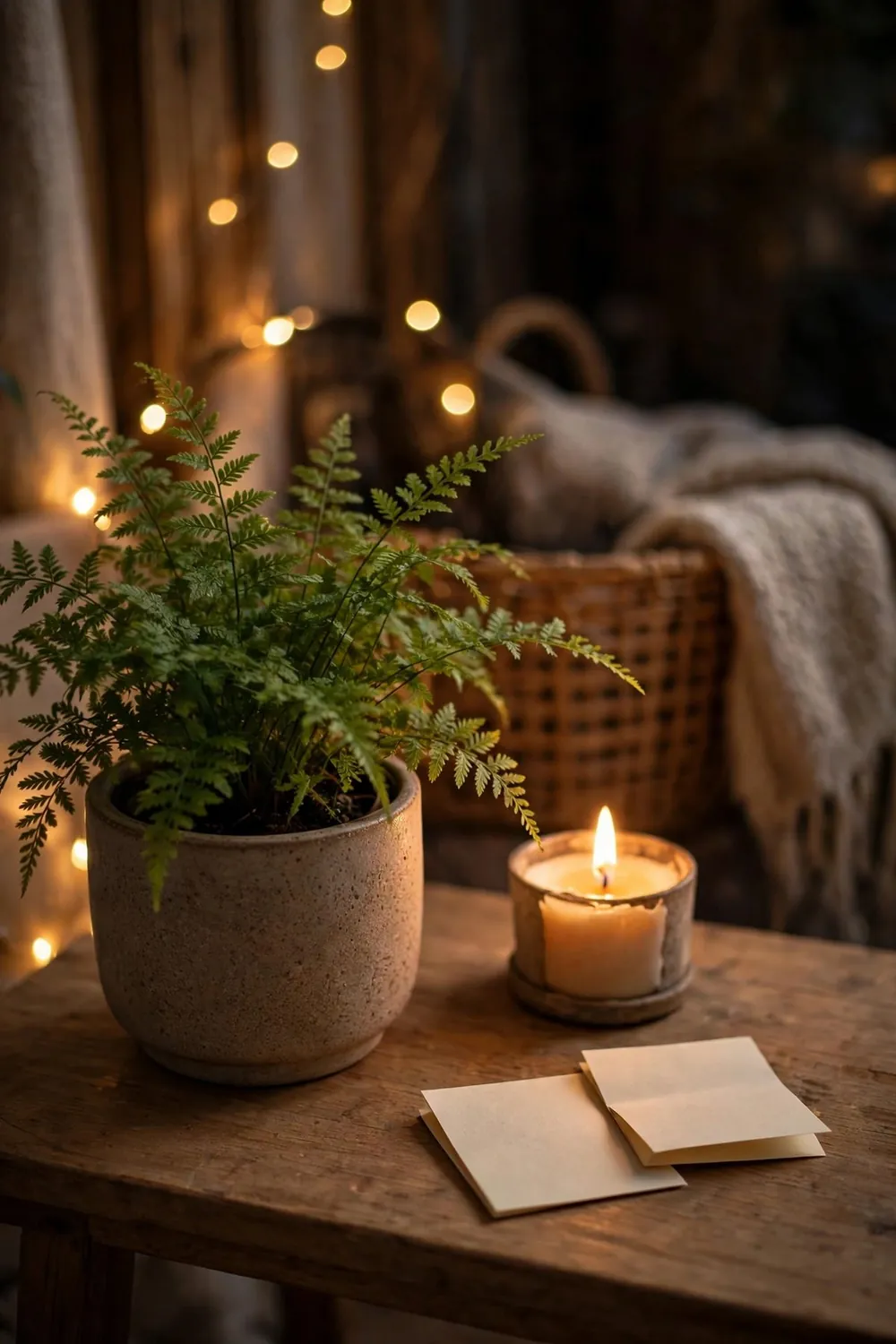 Cozy reading nook with fairy lights: add One Plant and One Scent