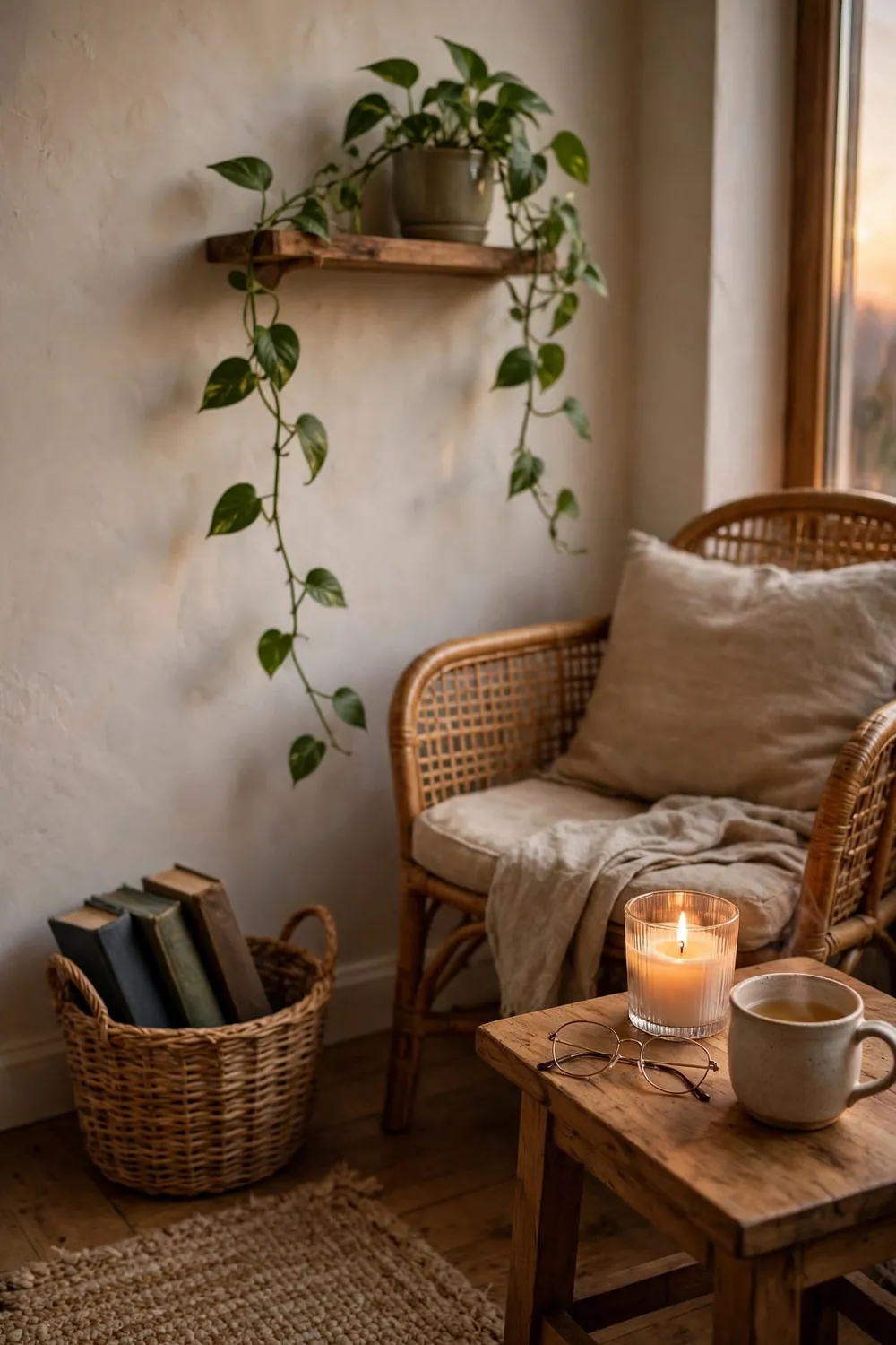 Reading nook details with a basket of books beside the chair, a trailing plant on a shelf, and a candle and tea on the side table