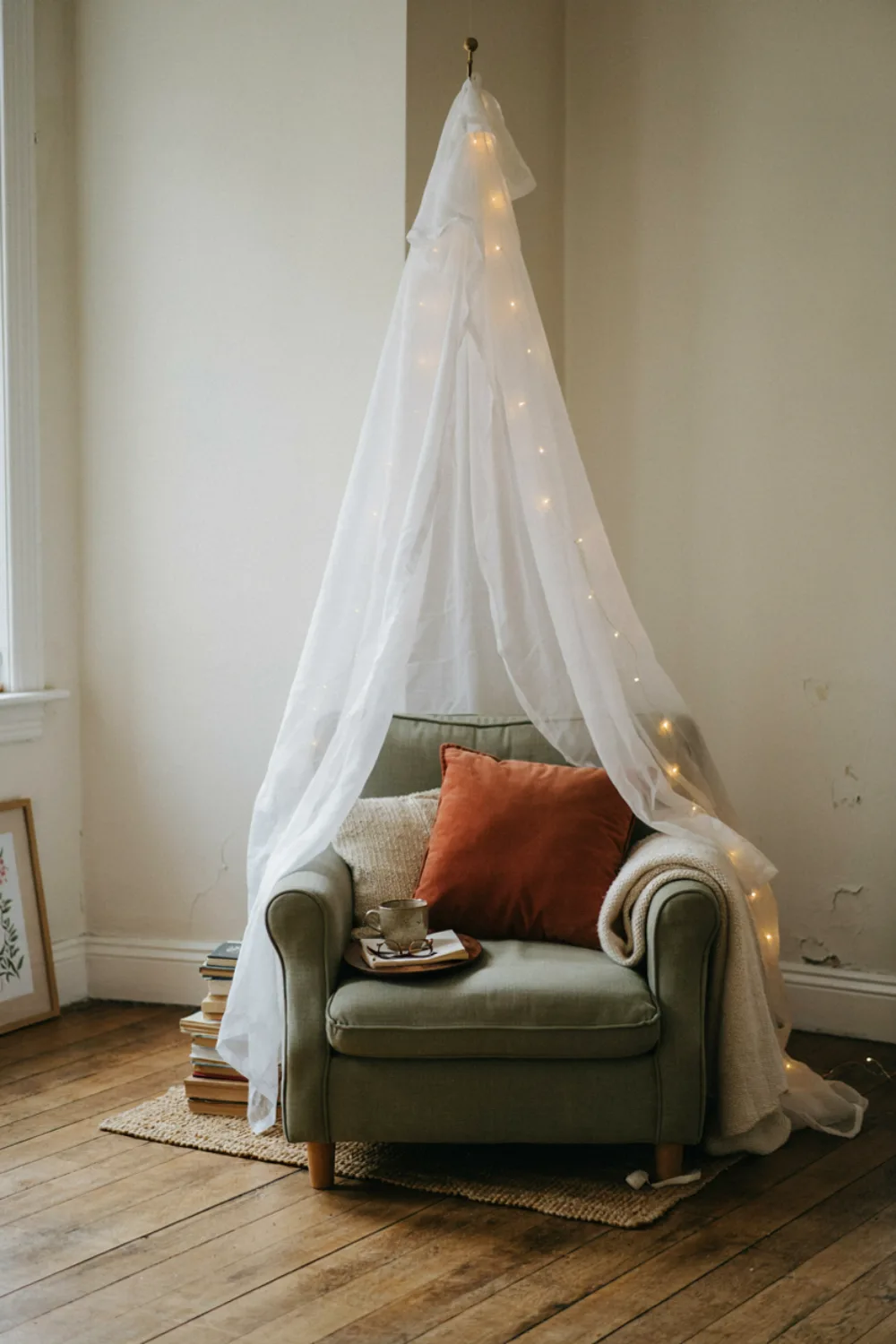 Cozy reading nook with fairy lights: drape Fabric to Canopy the Nook