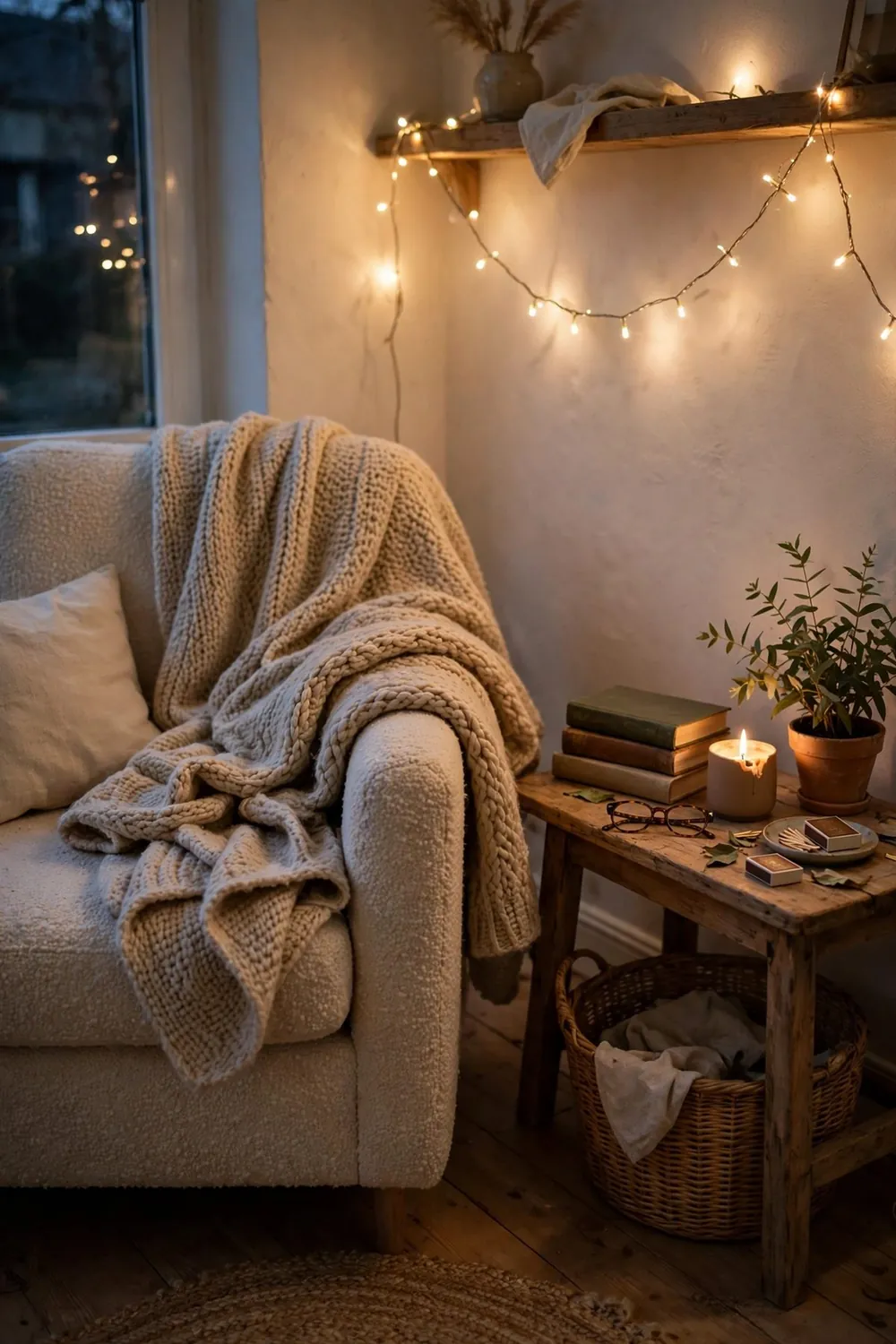 Cozy reading nook with fairy lights: layer Two Throws: One Warm, One Light
