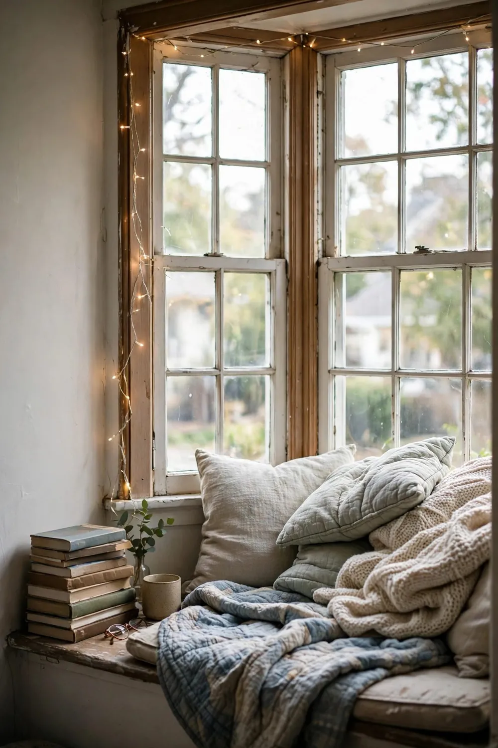 Cozy reading nook with fairy lights: build a Window-Seat Nook With Storage
