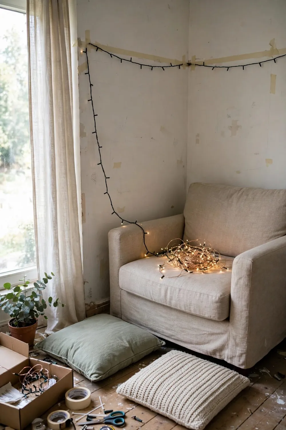 Cozy reading nook with fairy lights: add a Pouf or Footstool for the Full Stretch