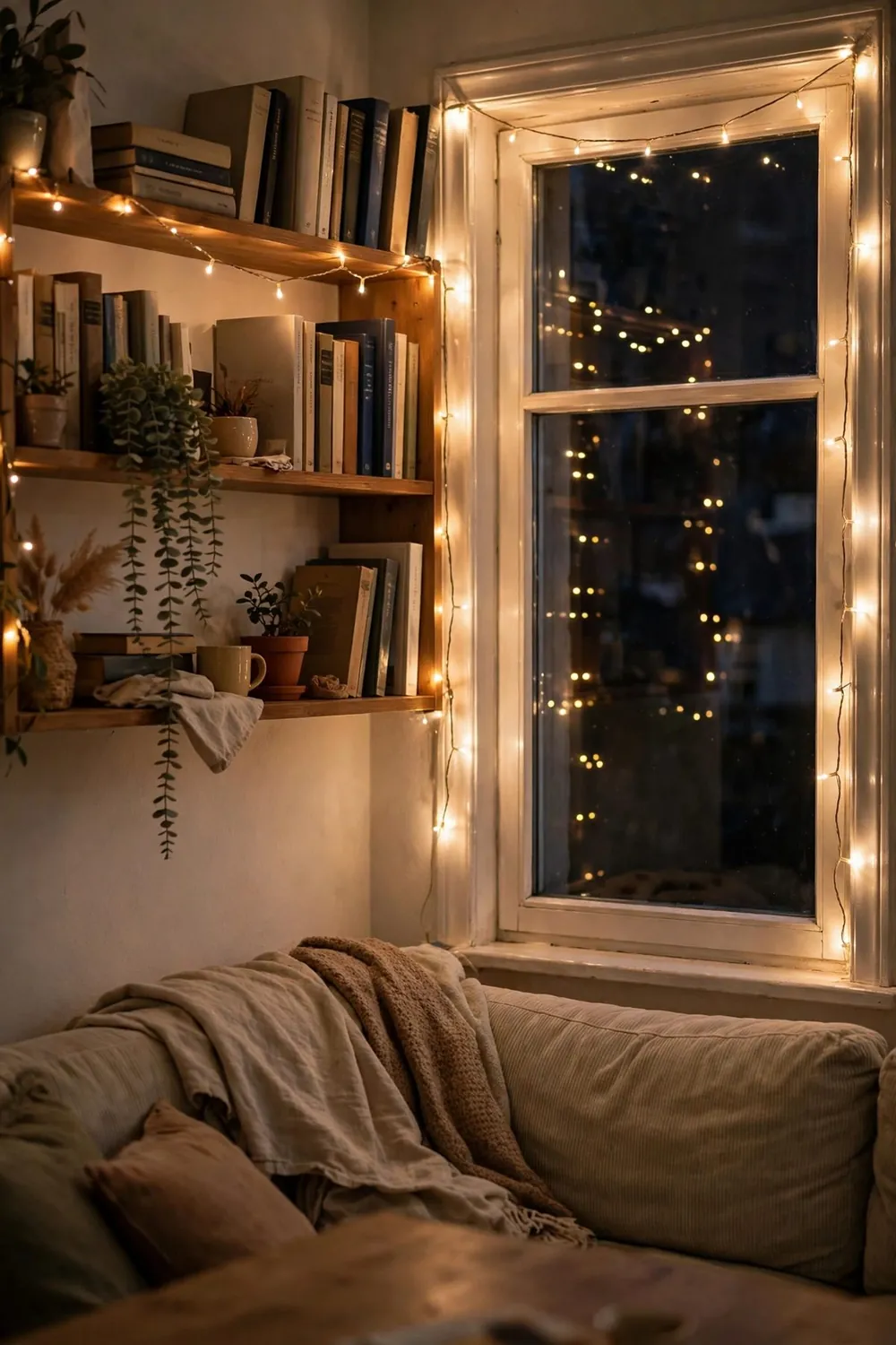 Small cozy winter room: string Fairy Lights Where You Spend Evenings