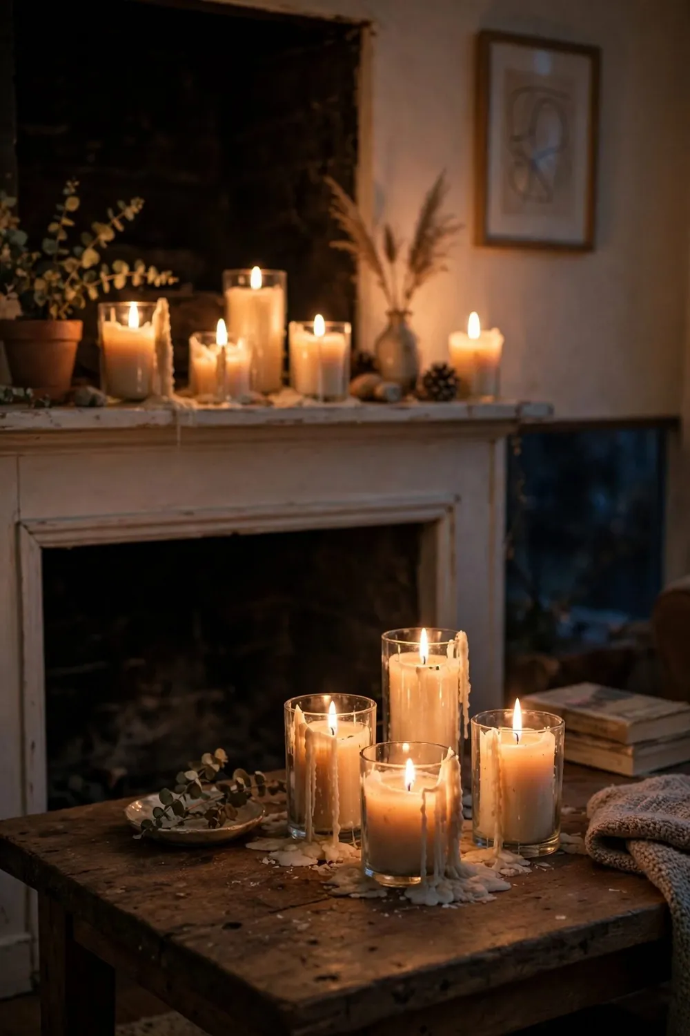 Small cozy winter room: cluster Candles in Safe, Glowing Groups