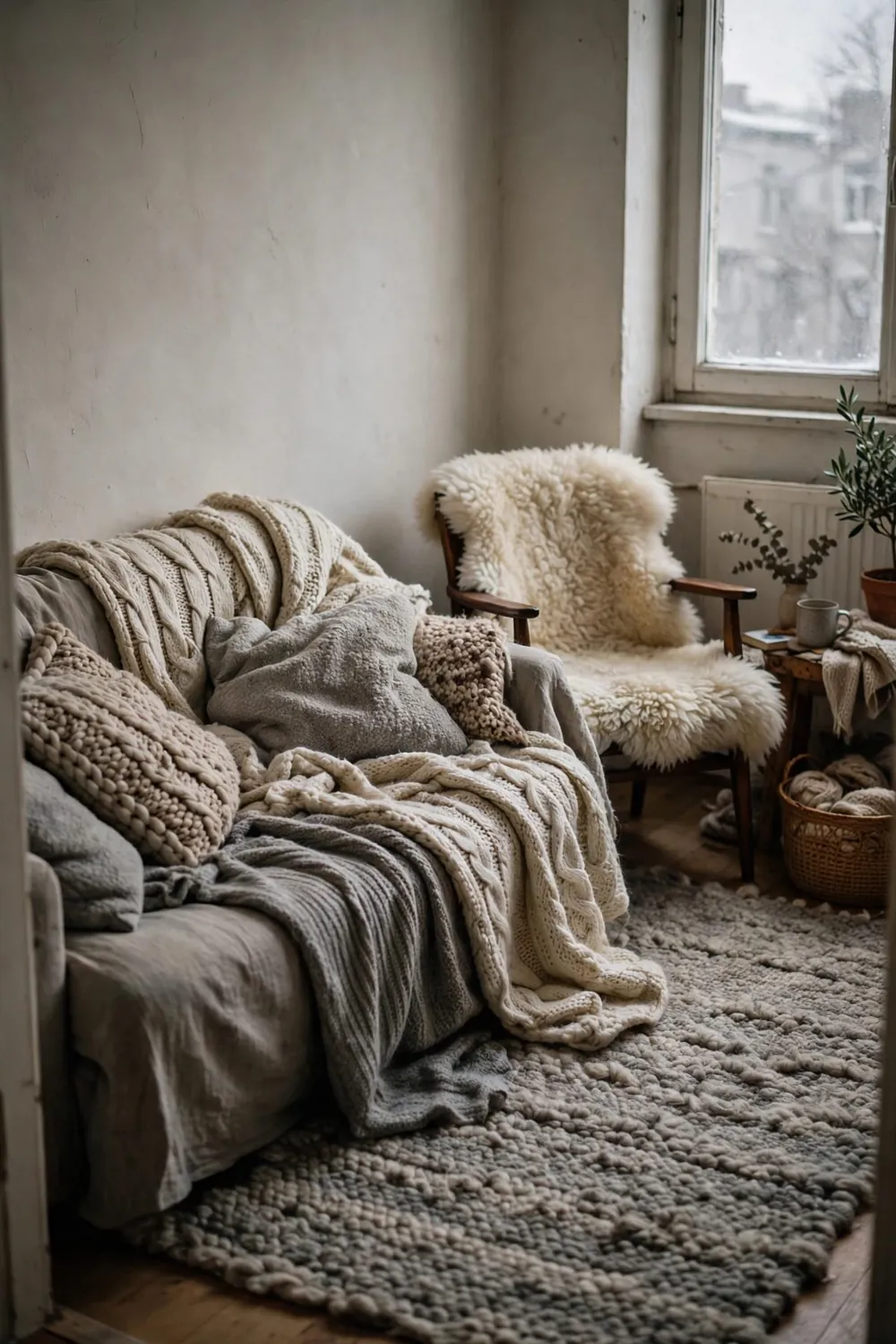 Small cozy winter room: drape a Chunky Knit Over the Sofa Arm