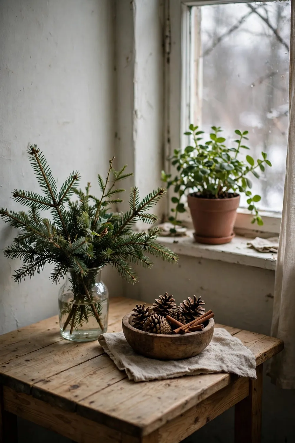 Small cozy winter room: line the Windowsill With Pinecones and Greenery