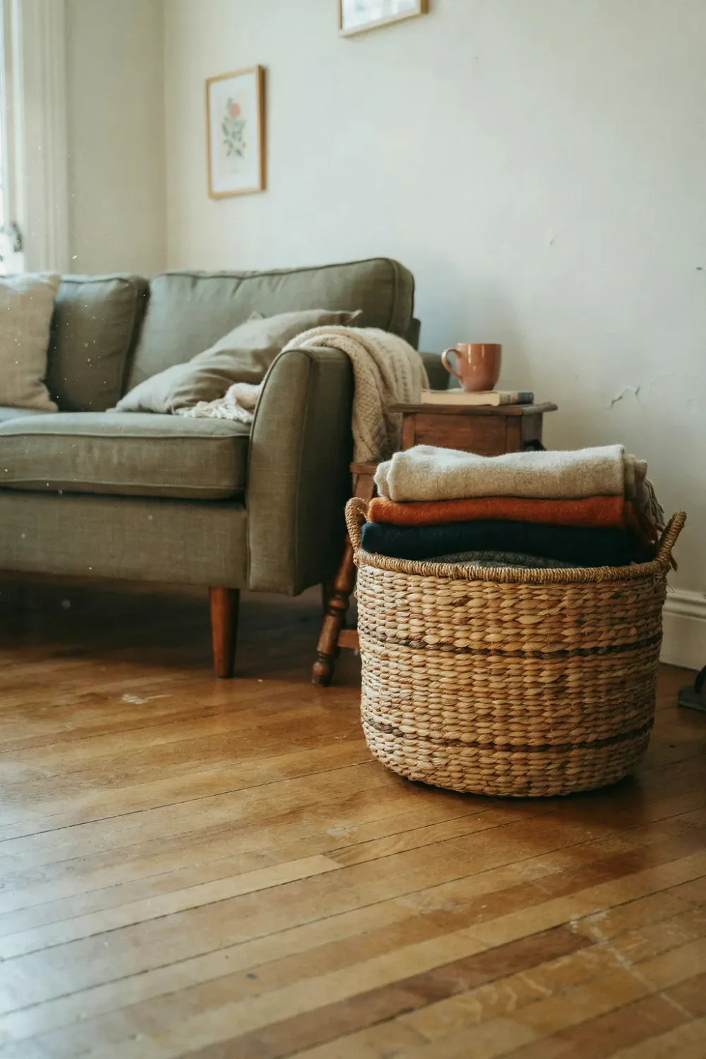 Small cozy winter room: keep a Basket of Spare Blankets by the Sofa
