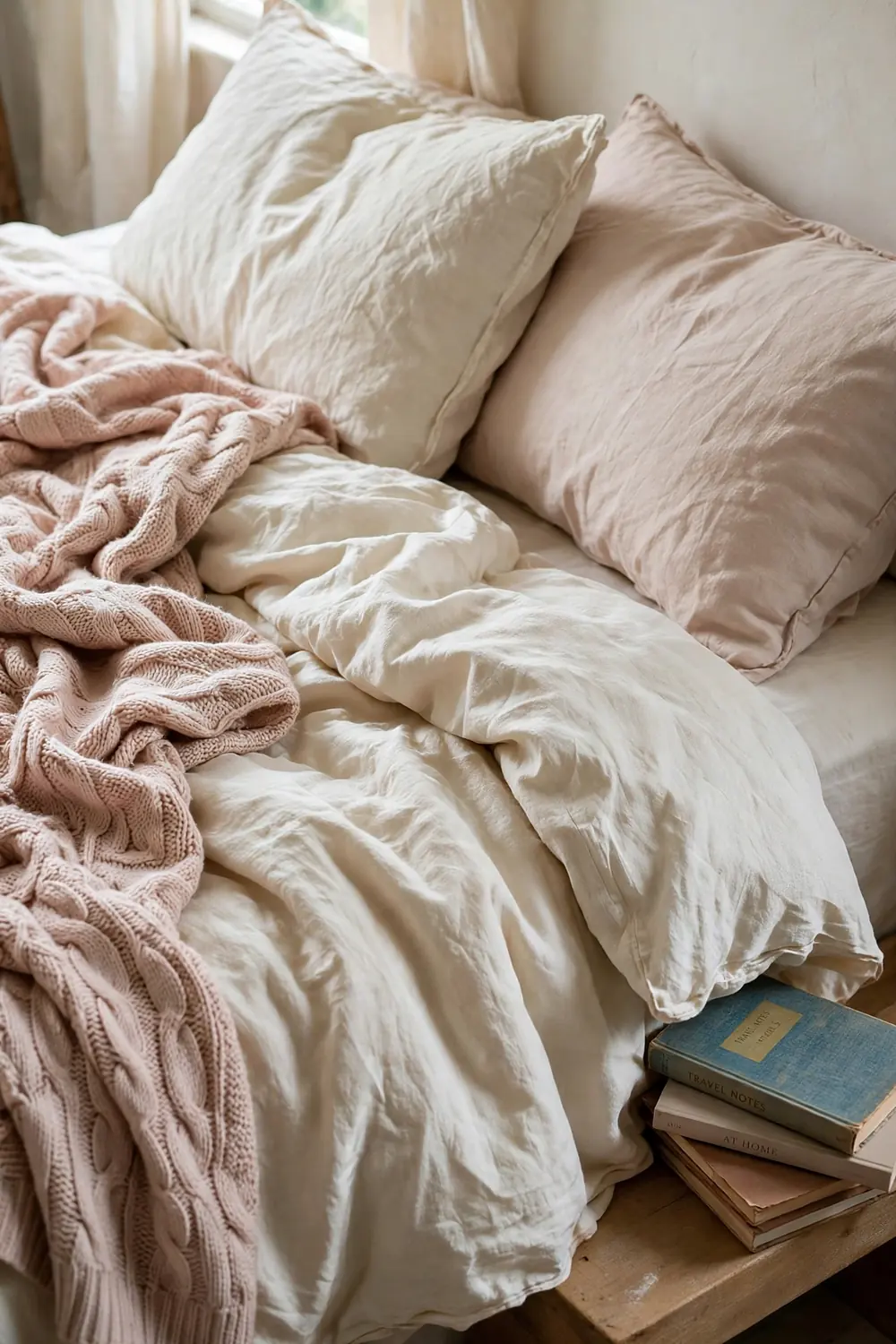 Close-up of soft layered bedding in cream and blush-neutral tones with a rumpled knit throw and books stacked beside the bed