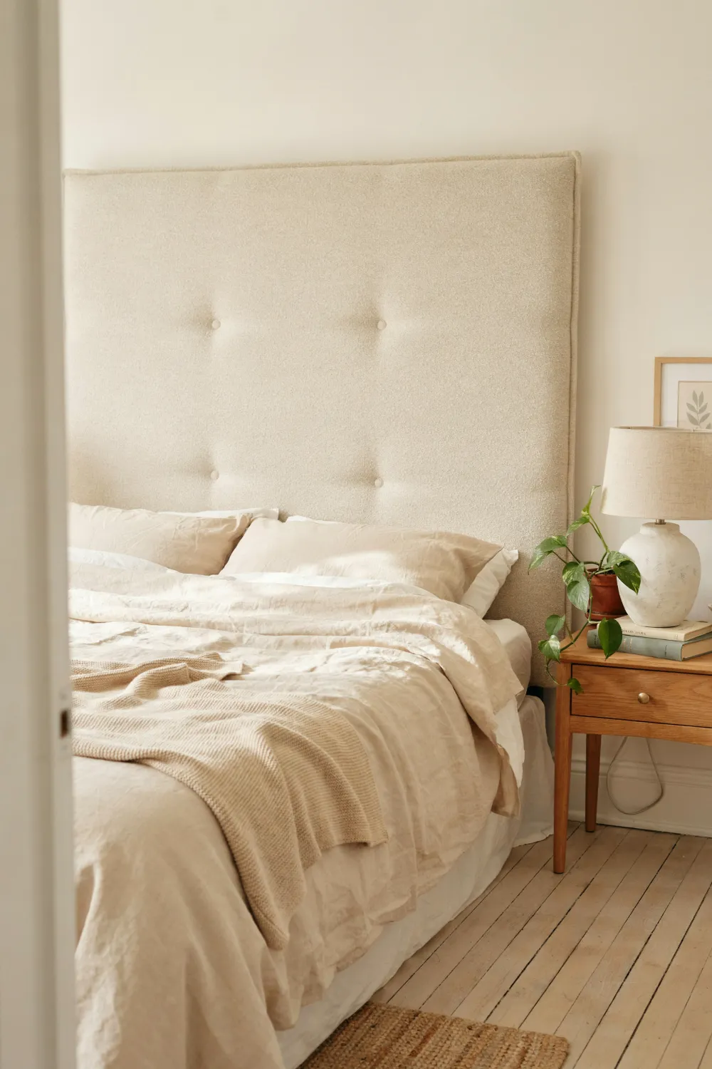Bedroom with a soft oatmeal DIY upholstered headboard