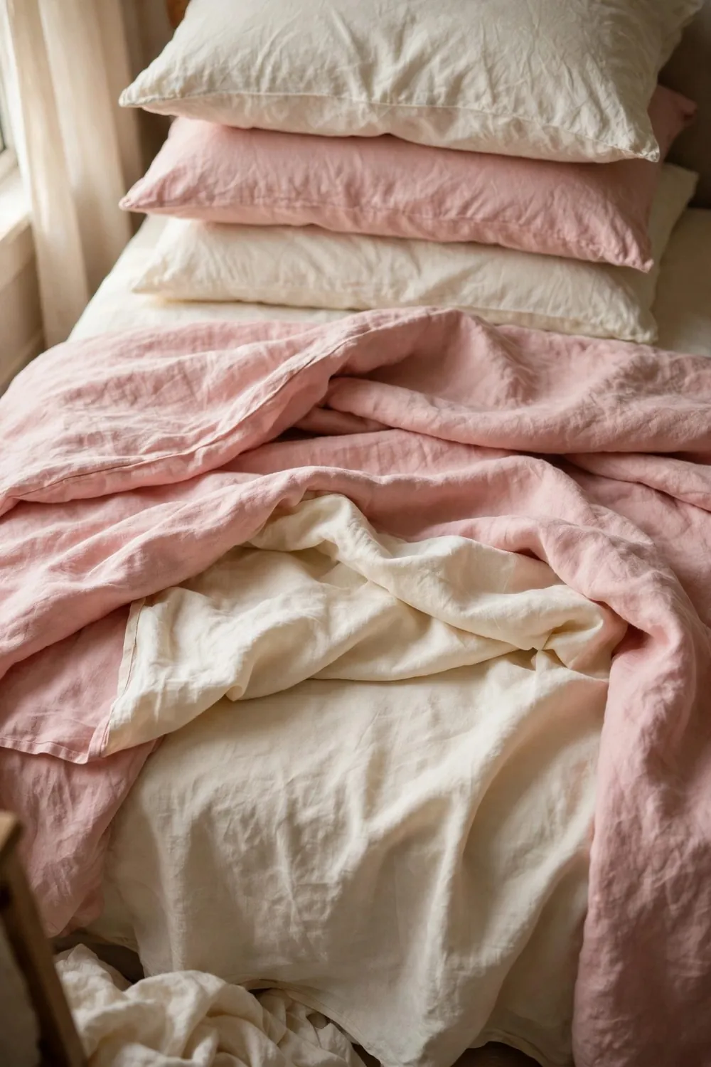 Dreamy blush pink bedroom: layer Pink Linen Over Cream Sheets