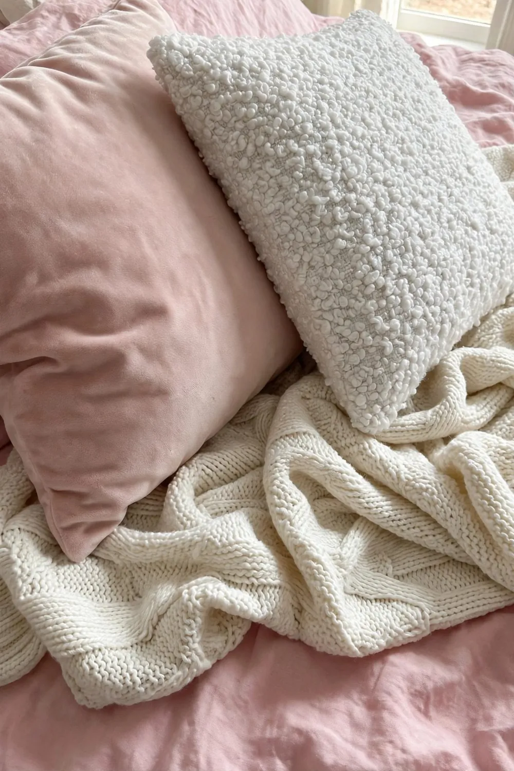 Dreamy blush pink bedroom: mix Soft Textures: Velvet, Knit, Boucle