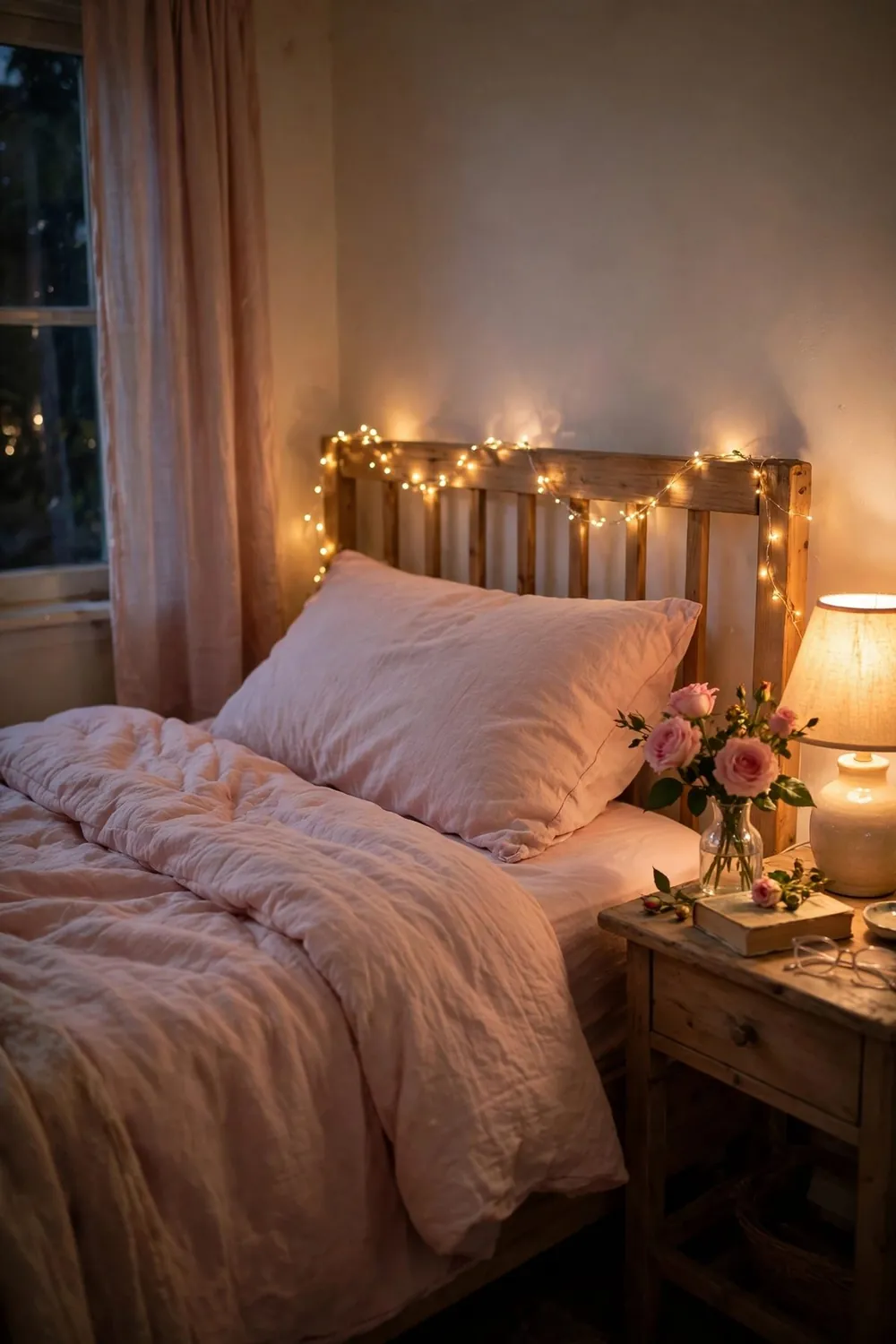 Blush pink bed in warm evening light with fairy lights draped at the headboard and a small vase of roses on the nightstand