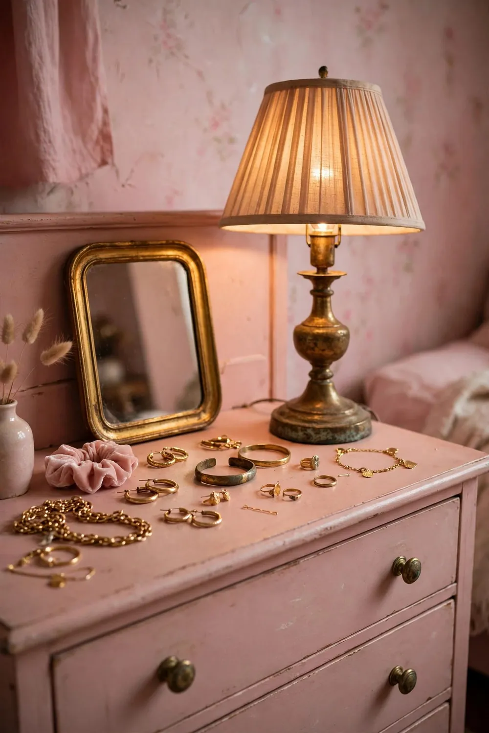 Dreamy blush pink bedroom: use Gold and Brass as Pink's Jewelry