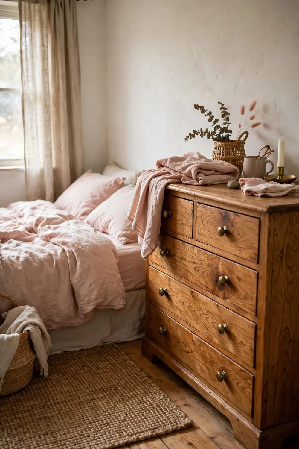 Dreamy blush pink bedroom: ground With Warm Wood and Natural Texture