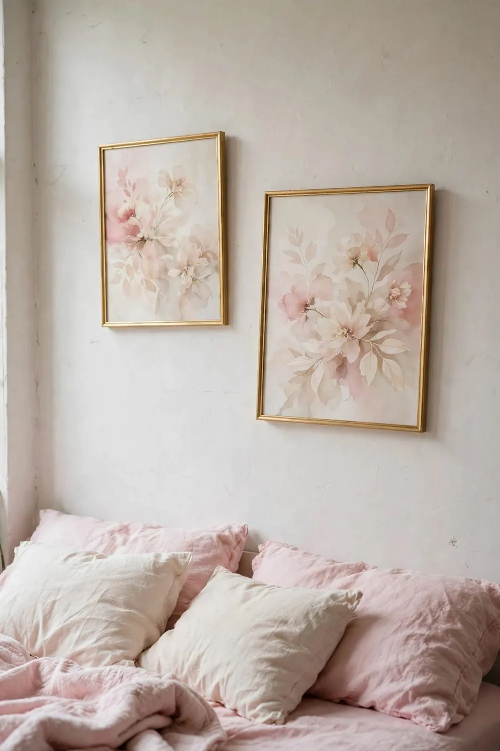 Dreamy blush pink bedroom: choose Art in Soft Abstracts and Florals