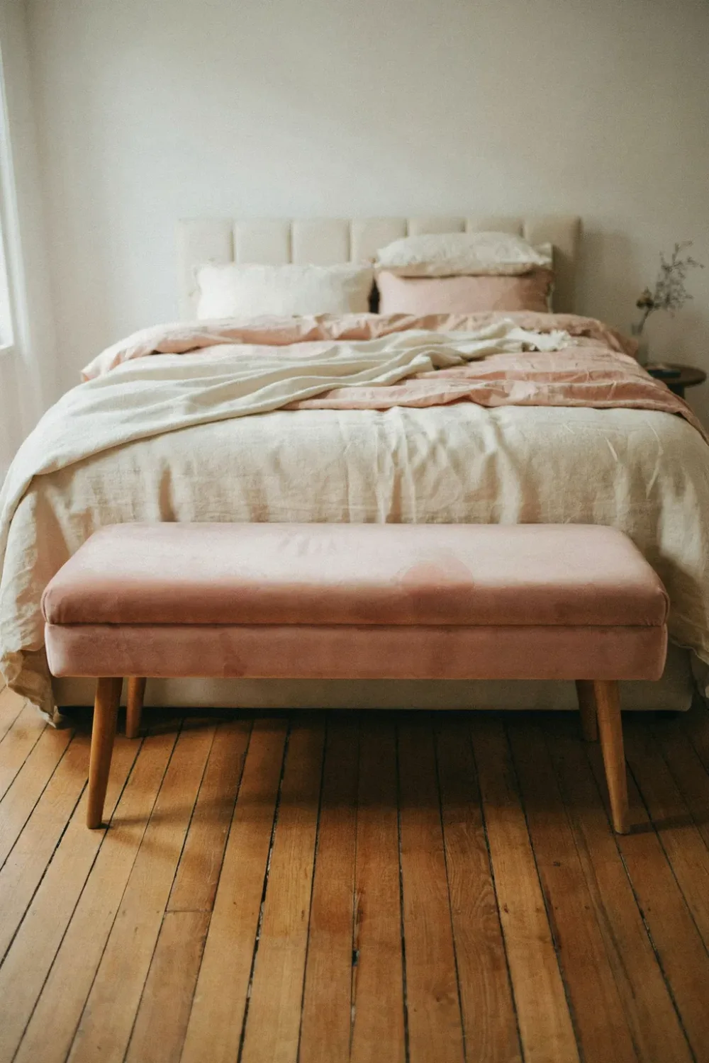 Dreamy blush pink bedroom: add a Blush Velvet Bench or Ottoman
