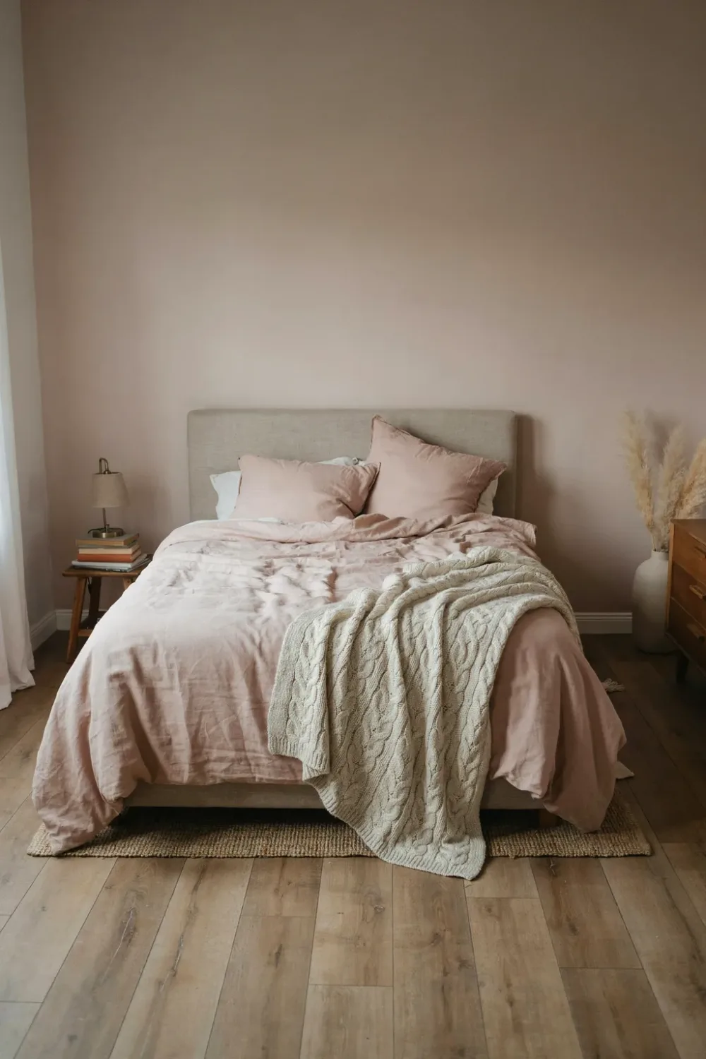 Dreamy blush pink bedroom: finish the Bed With a Cream Knit Throw