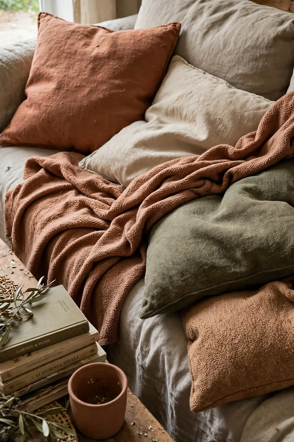 Close-up of earth tone cushions and throws in terracotta, sand, olive and clay showing the boho color palette
