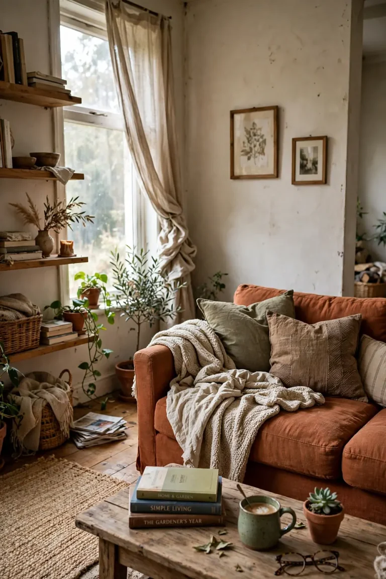 Earth tone living room with a terracotta rust sofa, cream cushions, warm wood furniture and natural light