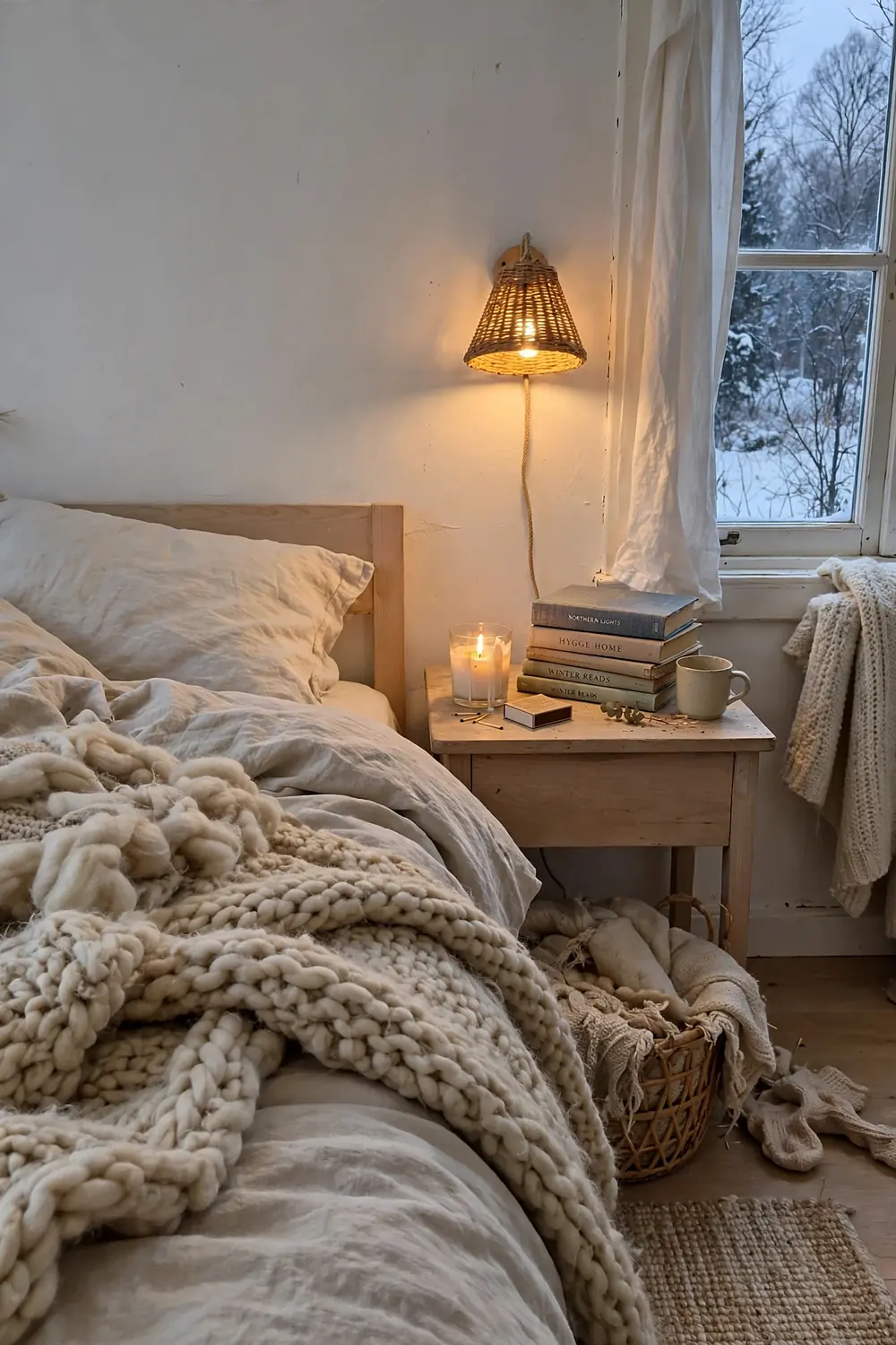 Cozy Scandinavian bedroom in winter with a chunky wool throw over linen bedding, lit candle and stacked books on a light wood nightstand, snow outside the window
