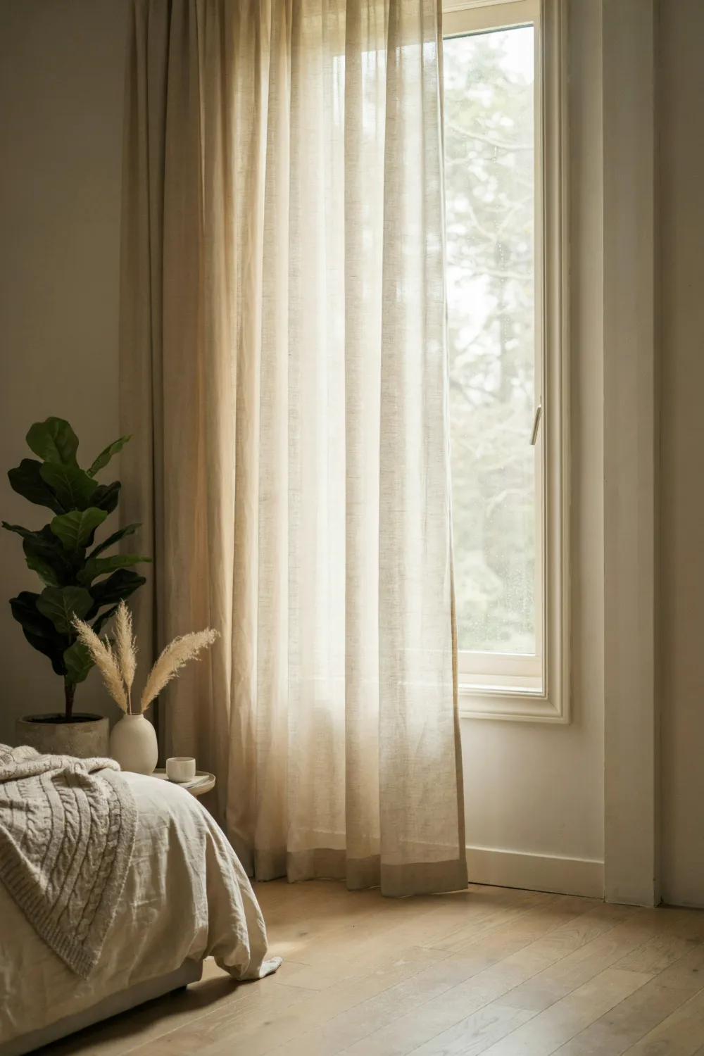 Bedroom window with sheer linen curtains layered with oatmeal drapes