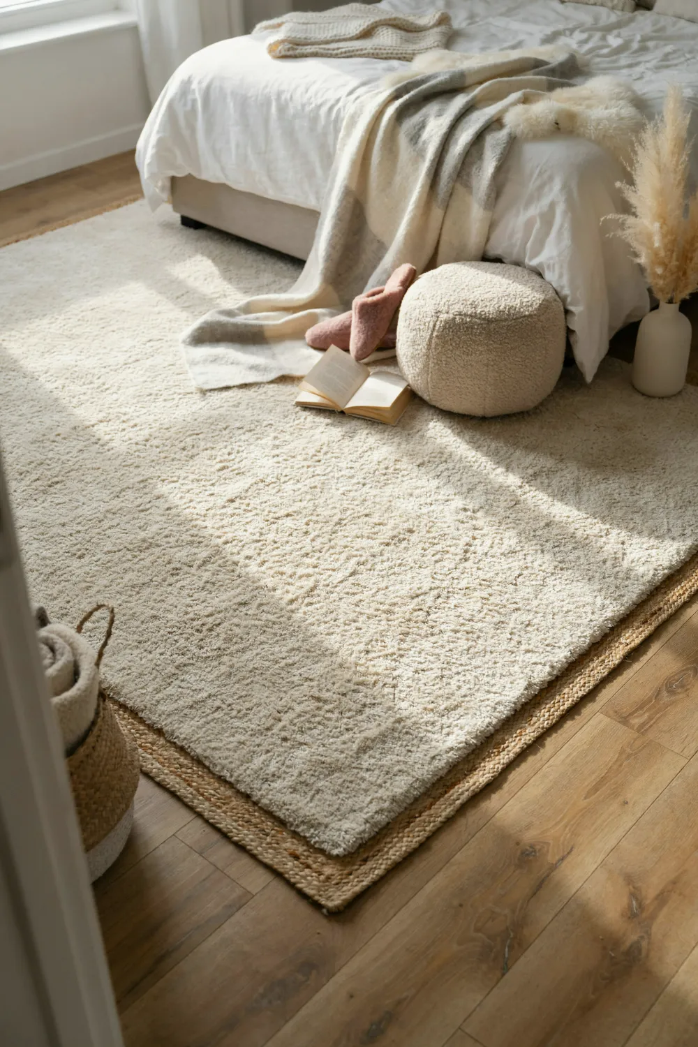 Soft cream shag rug layered over a jute rug beside a cozy bed