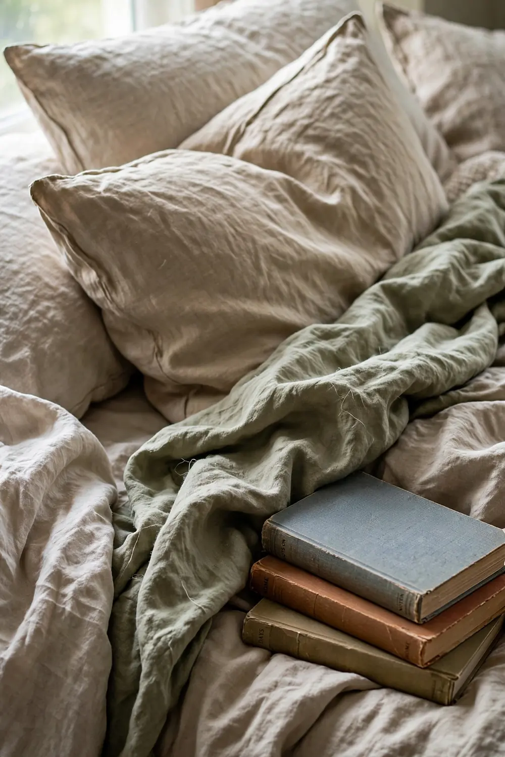 Close-up of layered linen bedding and rumpled neutral pillows in soft morning light