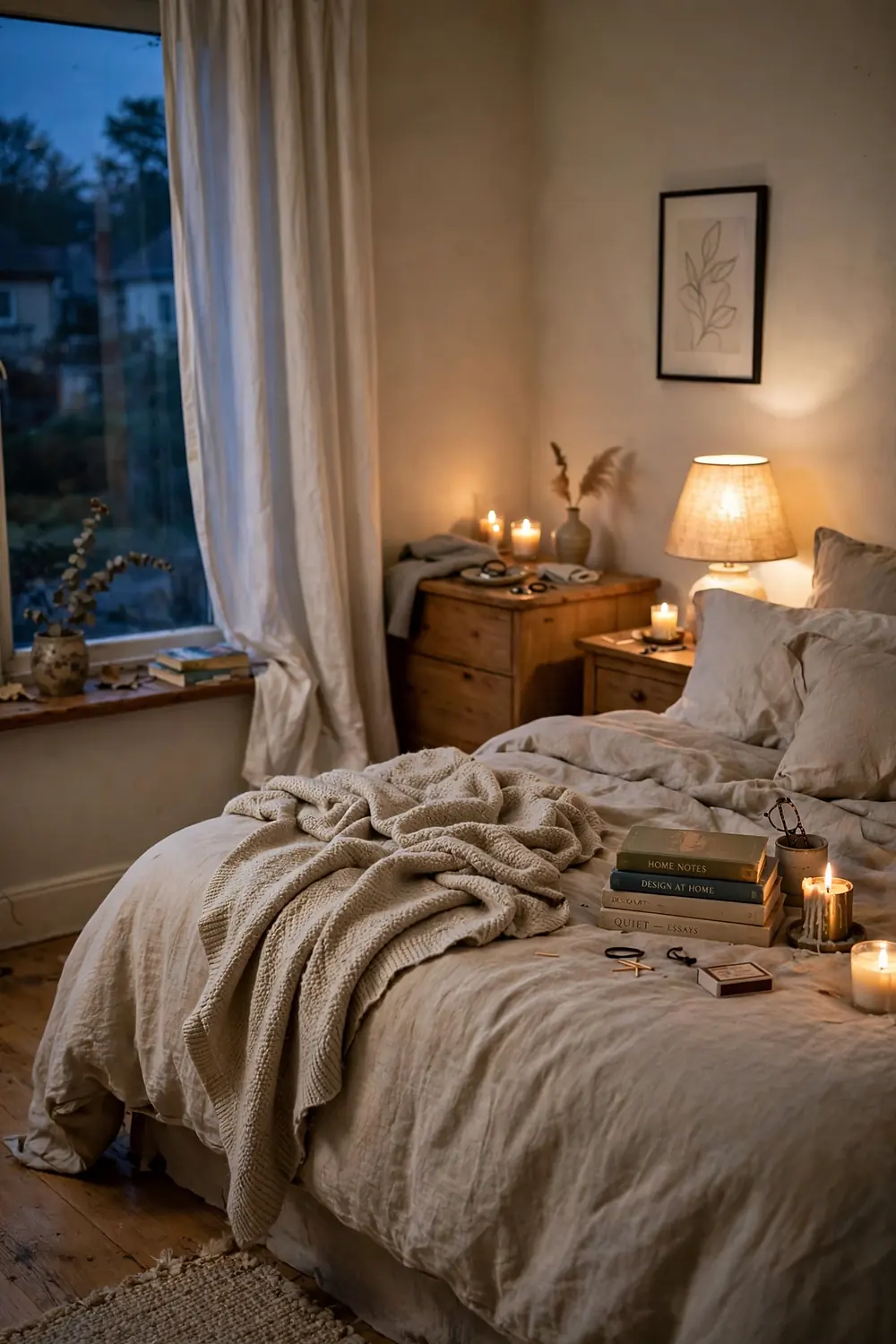 Neutral master bedroom in the evening with warm lamp light, candles, and a rumpled knitted throw on the bed