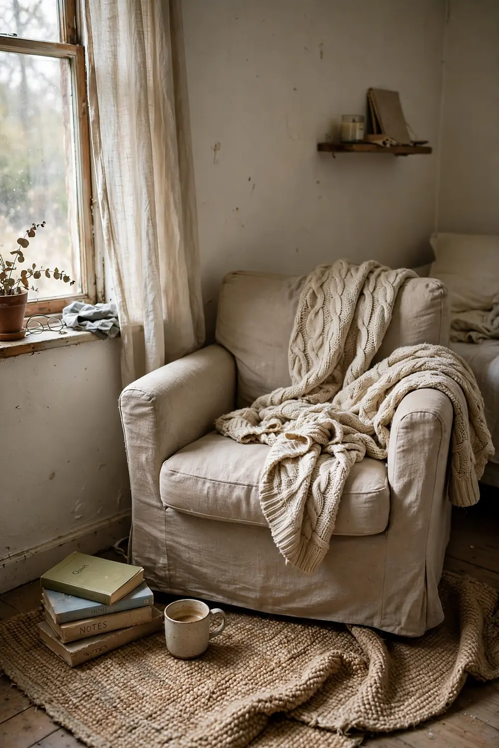 Cozy neutral bedroom corner with a linen armchair, cable-knit throw, woven rug, and a stack of books