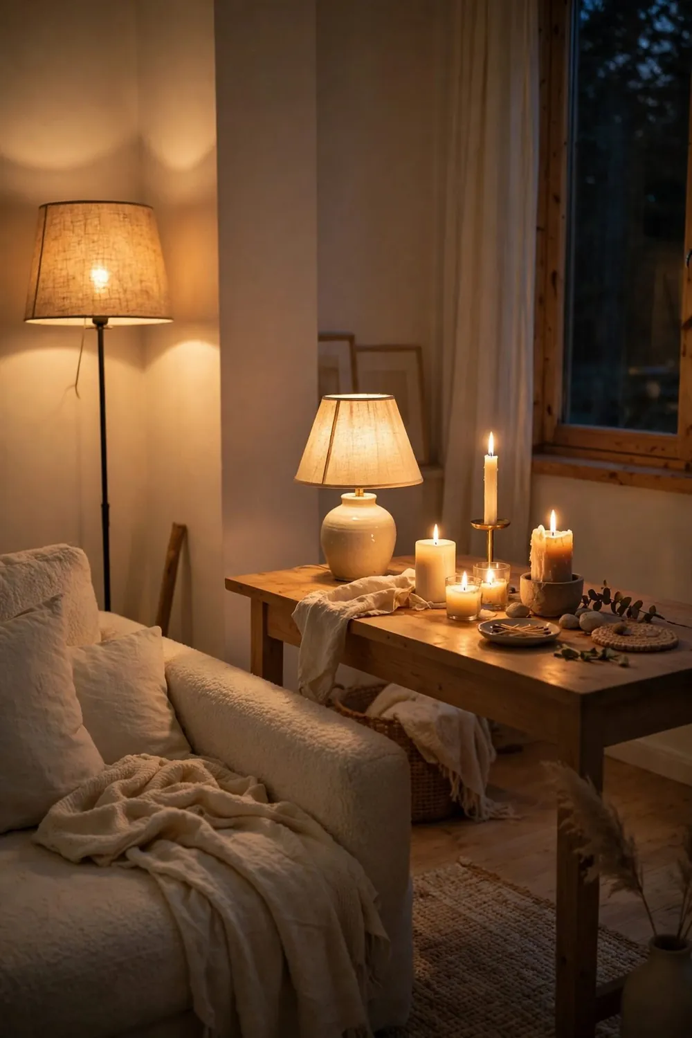 Neutral scandinavian living room: layer Lamplight Like Firelight