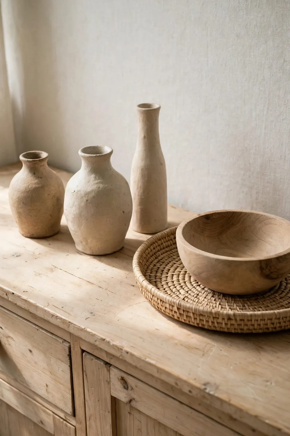 Neutral scandinavian living room: decorate With Ceramics, Wood, and Weave
