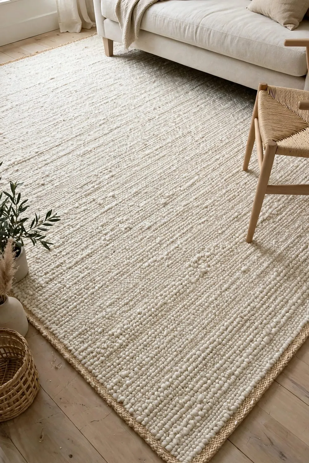 Neutral scandinavian living room: let the Rug Be Big, Light, and Textured