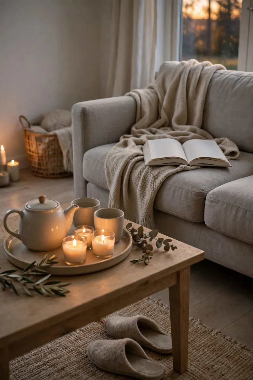Neutral scandinavian living room: practice Hygge: The Warm Rituals