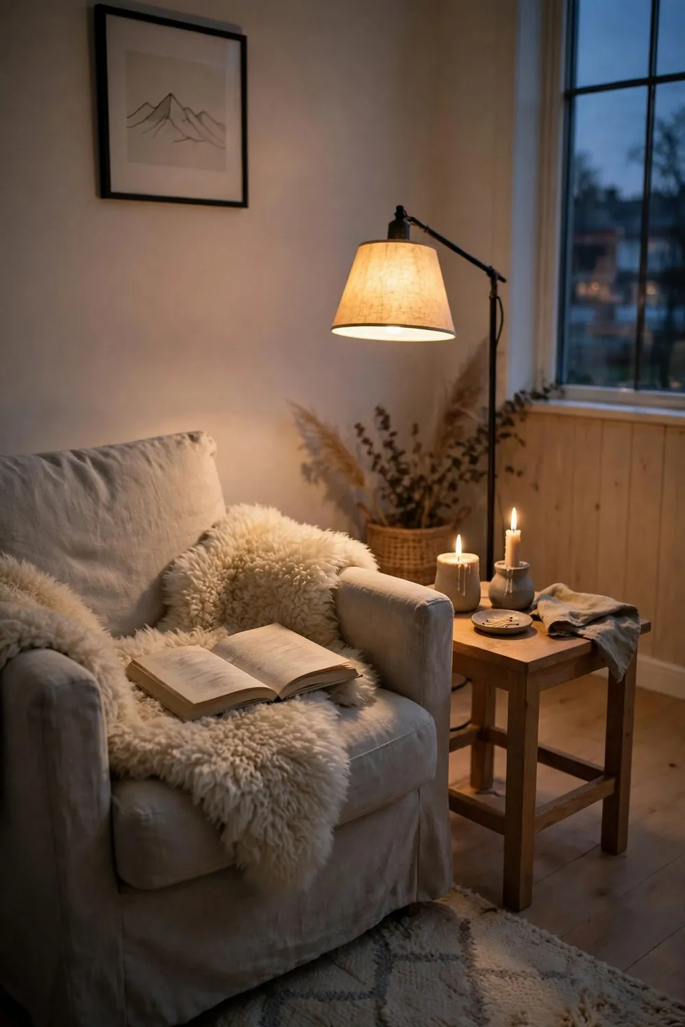 Scandinavian living room reading corner with a chair, sheepskin throw, floor lamp, and candles lit at dusk