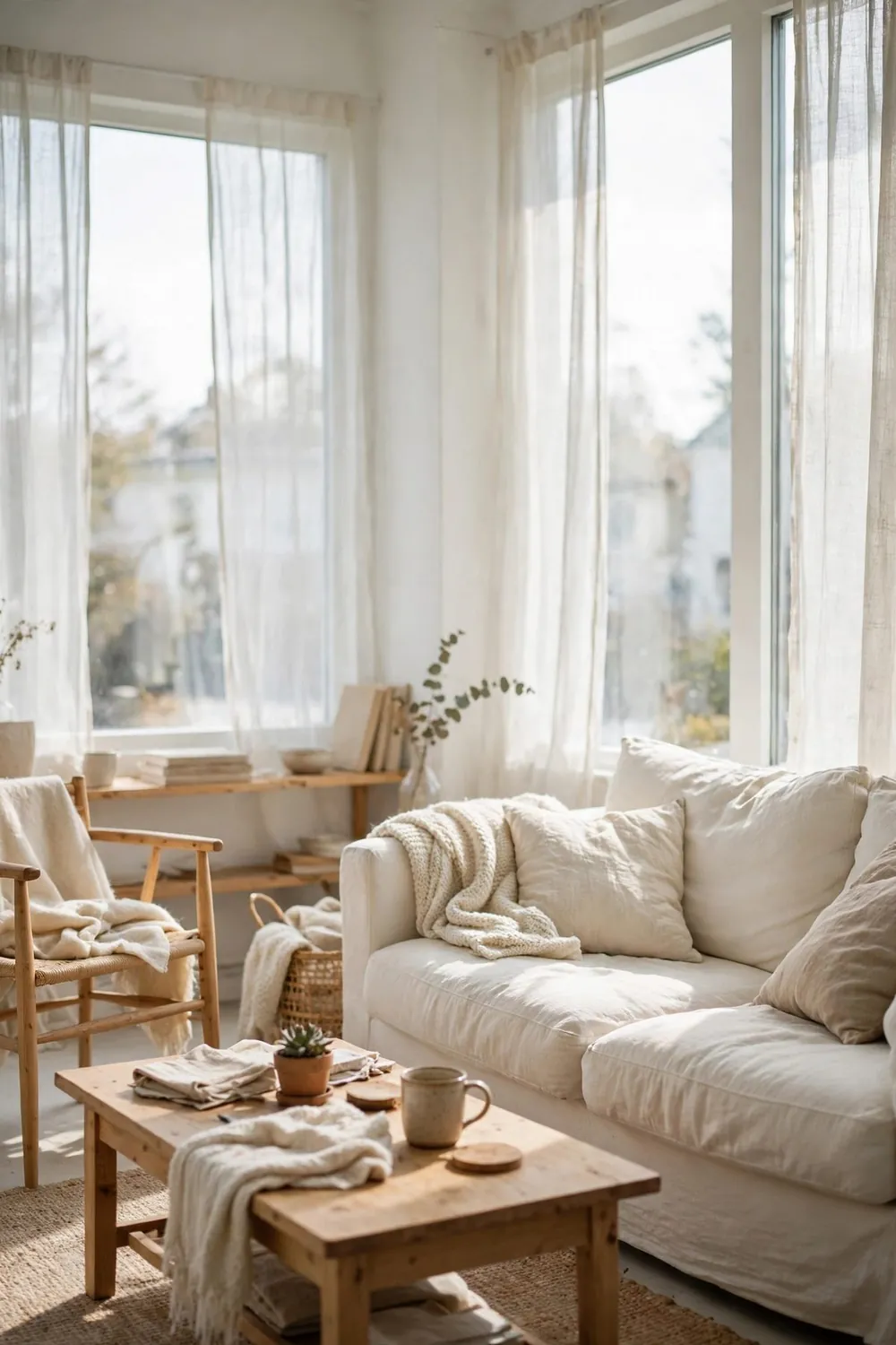Neutral scandinavian living room: choose a Light Wood Coffee Table With Soft Edges