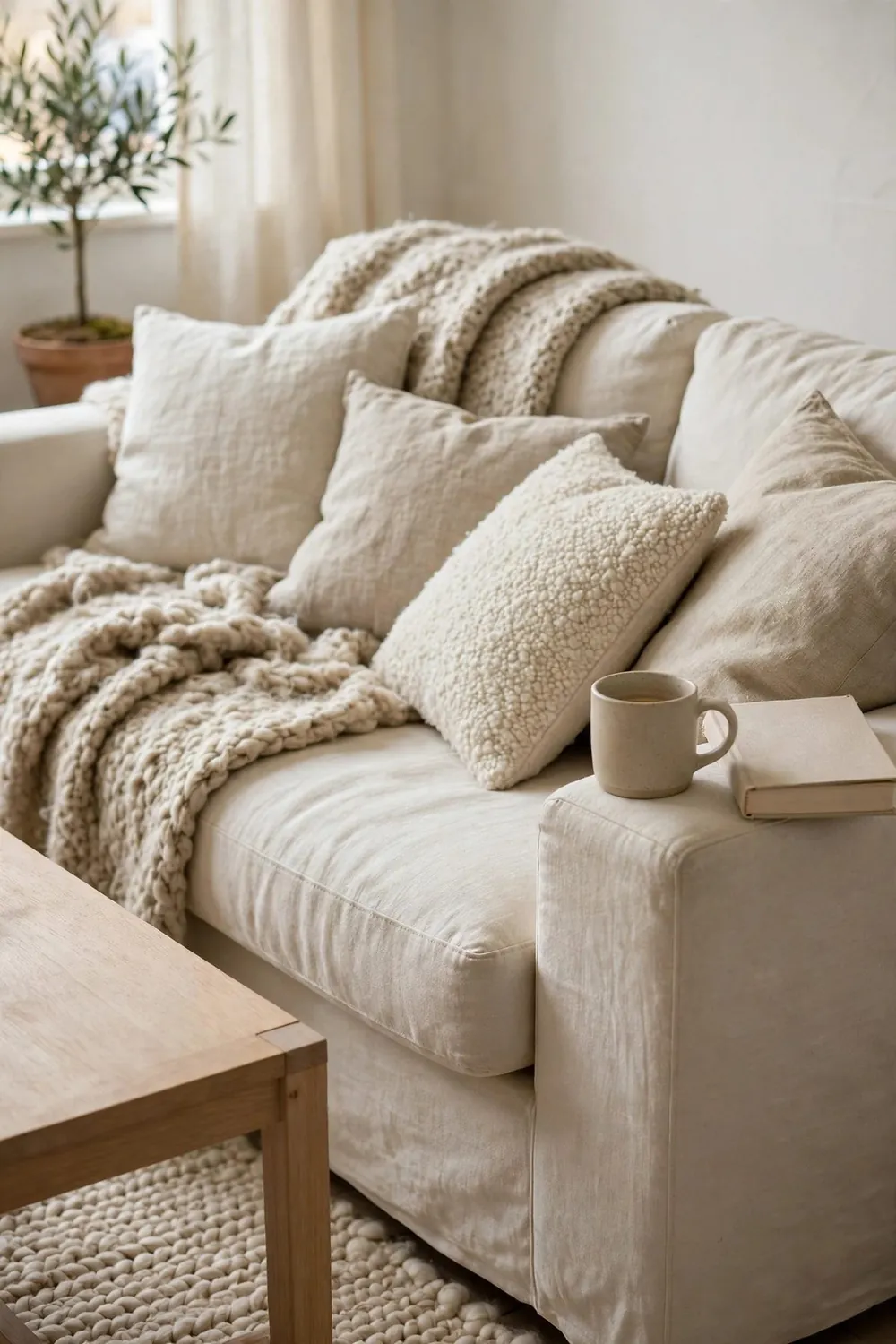Neutral scandinavian living room: soften Daylight With Sheer Linen Curtains