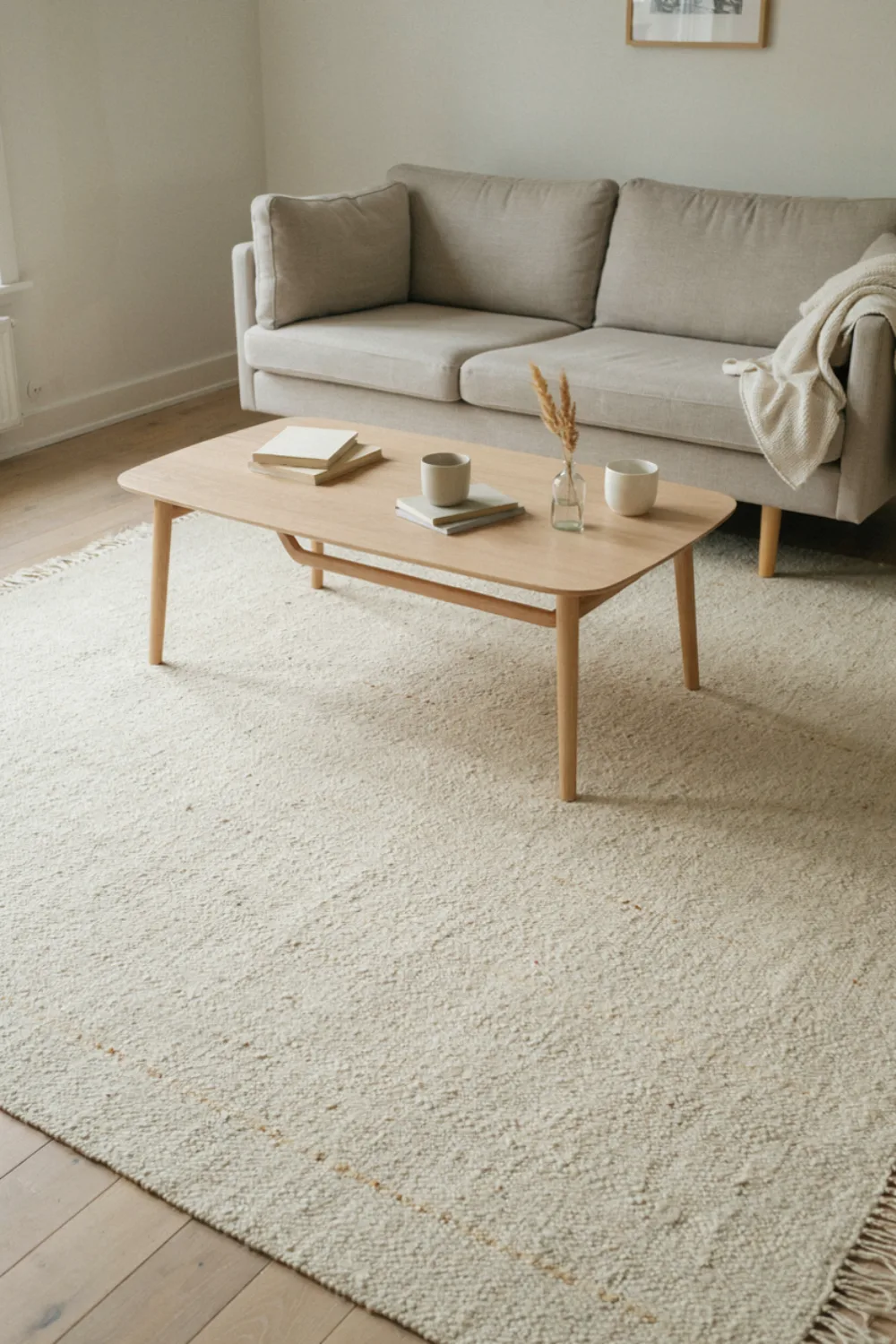 Neutral scandinavian living room: lay a Pale Rug With Quiet Texture