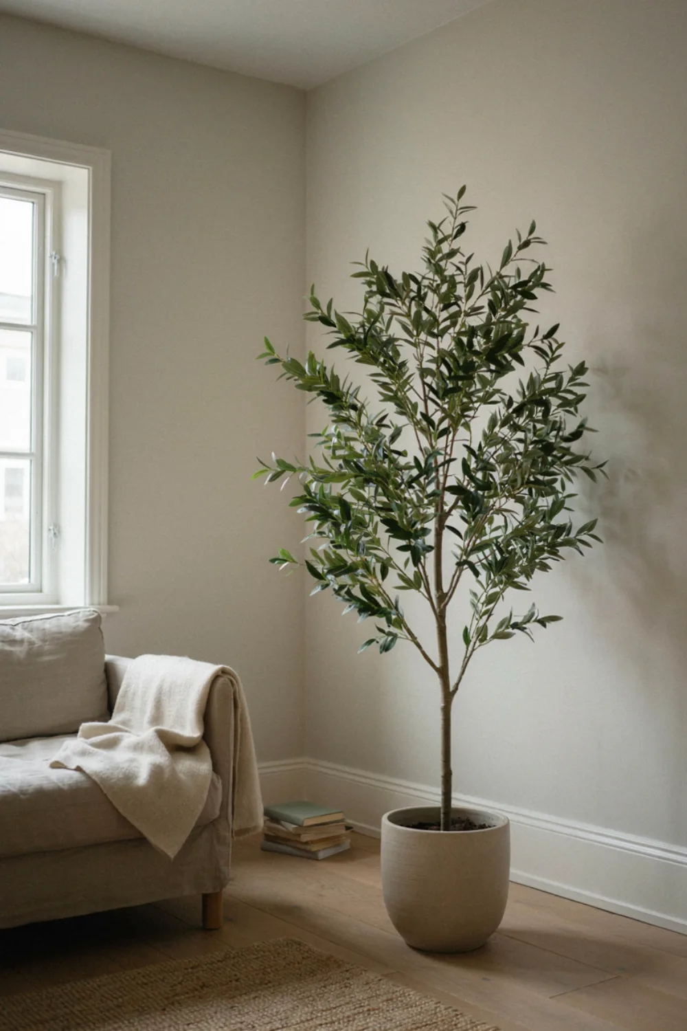 Neutral scandinavian living room: add One Tall, Leafy Plant