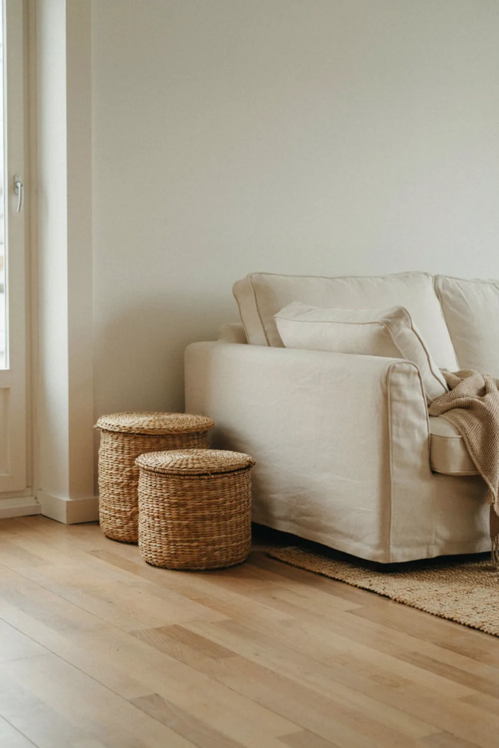 Neutral scandinavian living room: hide Clutter in Lidded Baskets