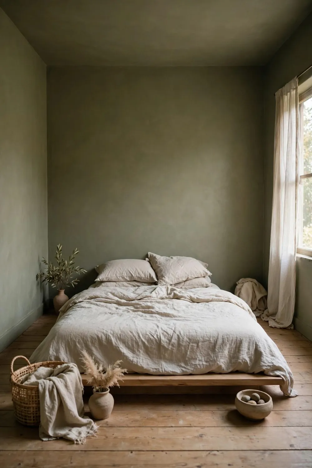 Minimal olive green japanese zen bedroom: paint One Wall or All Four — Both Work