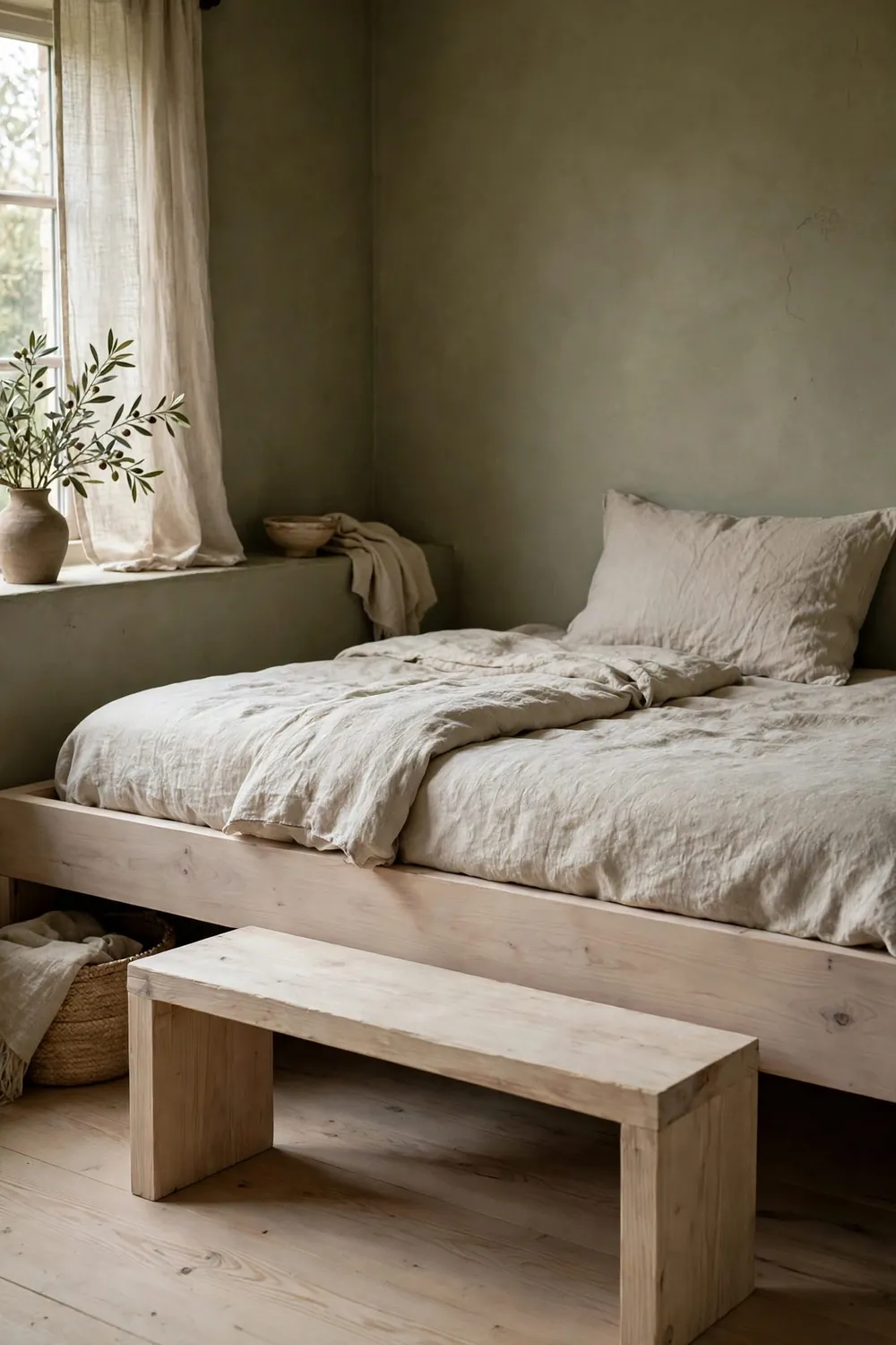 Minimal olive green japanese zen bedroom: anchor With Pale, Honest Wood