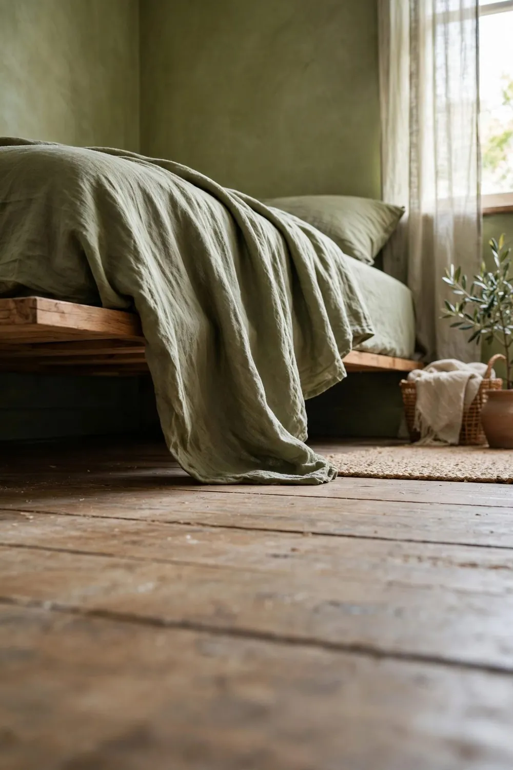 Minimal olive green japanese zen bedroom: go Low With a Platform Bed
