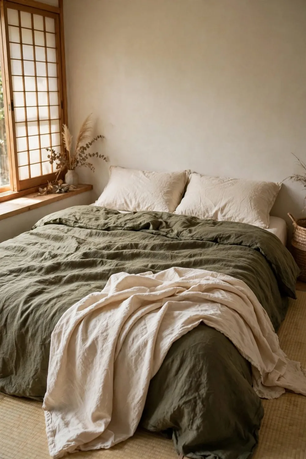 Minimal olive green japanese zen bedroom: dress the Bed in Olive Linen and Undyed Cotton